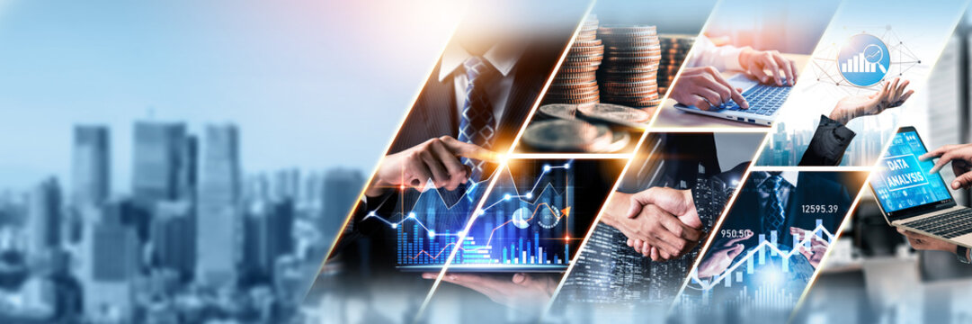 Futuristic business digital financial data technology concept for future big data analytic and business intelligence research for businessman analyst invest decisions making panoramic banner kudos