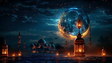 Ramadan Kareem illustration banner background with Islamic Crescent and lantern and written Ramadan Kareem