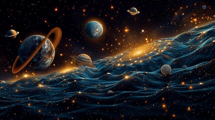 Naklejka premium A cosmic setting with gold stars and planets.