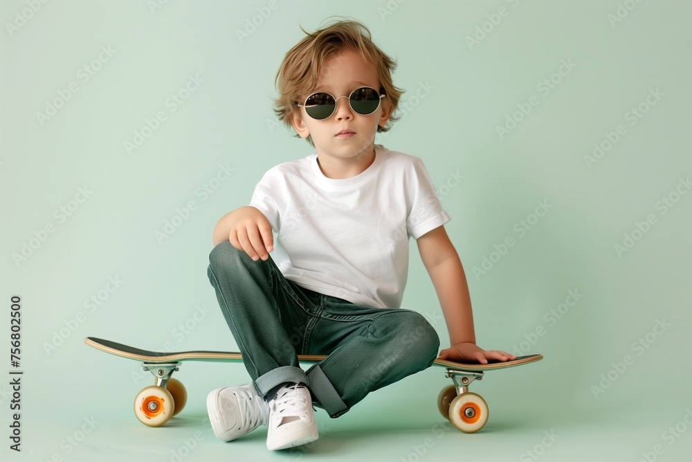 Wall mural Boy in white T-Shirt on skate