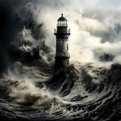 Black and white painting of a lighthouse in a storm