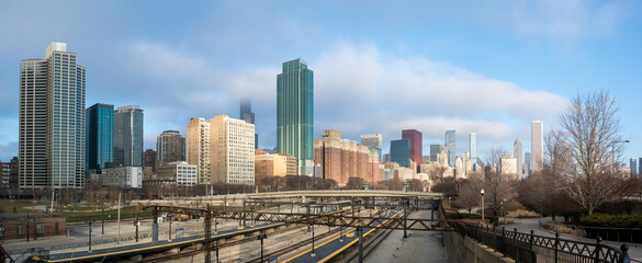 The Chicago skyline from a train station