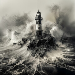 Black and white painting of a lighthouse in a storm - obrazy, fototapety, plakaty