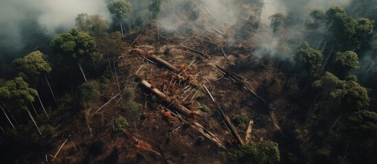 An aerial view of a dense jungle with smoke rising from the canopy, creating an eerie yet...