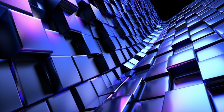 A blue and purple image of a wall made of cubes - stock background.