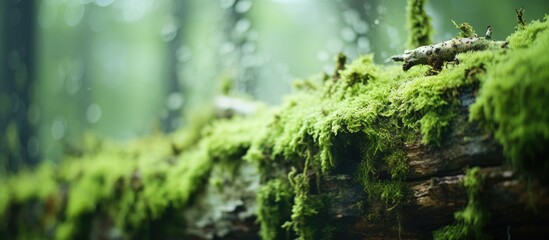 A close up of a moss covered tree trunk in a lush forest, showcasing the beauty of this terrestrial...