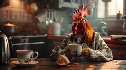 A surreal portrait of a stylish rooster in a housecoat or bathrobe in the kitchen drinking tea, coffee or other hot drink - obrazy, fototapety, plakaty