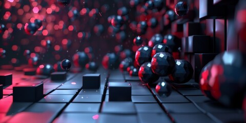 A black and red background with many small black and red spheres - stock background.