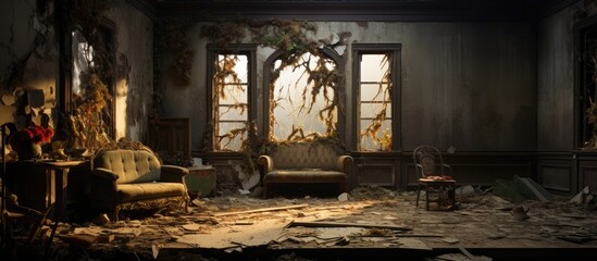Abandoned house with deteriorated interior. - obrazy, fototapety, plakaty