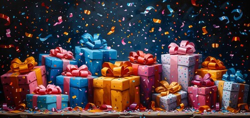 Fototapeta premium Festive Frenzy of Wrapped Gifts and Confetti