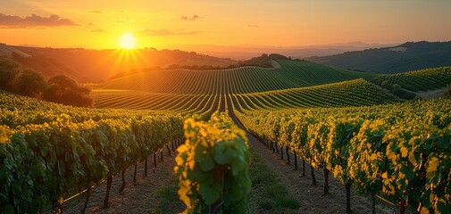 Golden Sunset Over Vineyard Rows - obrazy, fototapety, plakaty