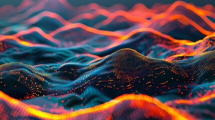 3D rendered abstract landscape of digital mountains and valleys with glowing data streams running through them