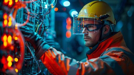 Focused electrician in safety gear servicing network server cabinets in a data center with glowing lights.