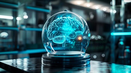 3D rendering of an AI brain encased in a glass dome with neural connections forming and pulsating in real-time