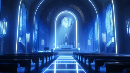 A 3D render of a futuristic virtual reality church where participants wearing VR headsets are immersed in a fully interactive worship experience