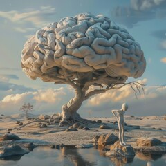 A 3D rendered image of a lifelike brain tree standing tall in a sparse otherworldly landscape. A figure