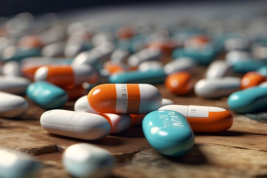 An image focused on specific branded medication pills among a range of pharmaceuticals, emphasizing branding