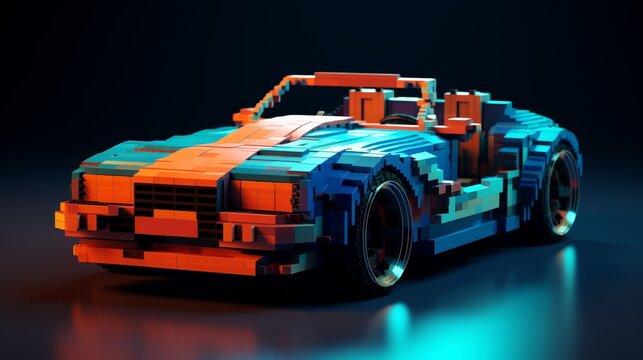 3D render of an 8-bit sports car modeled with voxels showcasing detailed pixel-like cubes for a three-dimensional effect