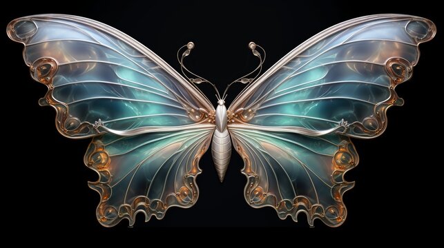A 3D render of a sophisticated photo frame inspired by butterfly wings with translucent