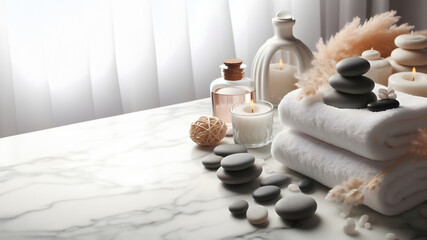 Beautiful composition with spa stones, bath towels on white marble table. Background with copy space