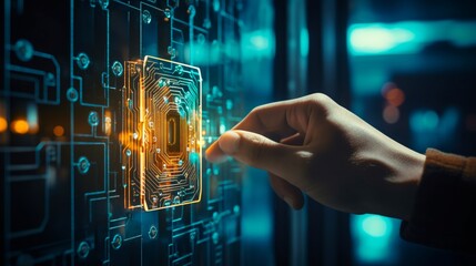 A high-resolution image of a persons hand holding a glowing digital key in front of a futuristic door - obrazy, fototapety, plakaty