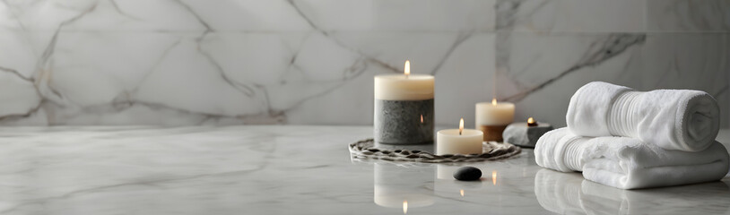 Beautiful composition with spa stones, bath towels on white marble table. Background with copy space