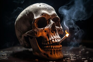 A hyper-realistic image of a human skull with a burning cigarette placed between its teeth sitting on a dark