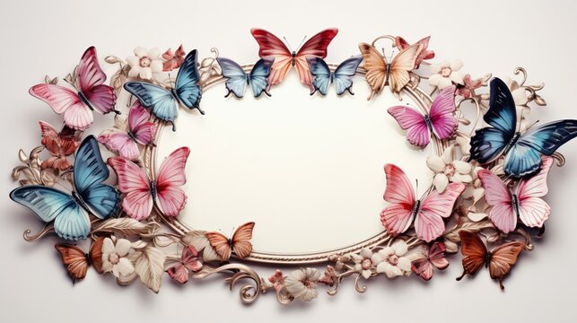 A high-resolution photograph of an elegant photo frame adorned with realistic butterfly motifs the intricate details of the butterflies wings perfectly complementing the frames design