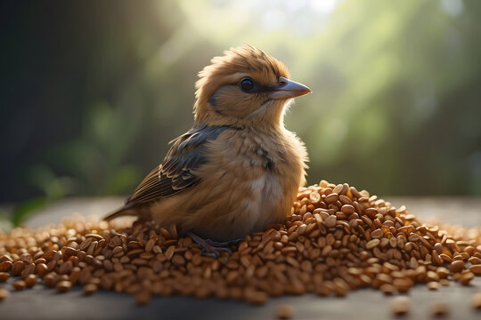 A soft, warm image of a young bird surrounded by abundant wheat grains, lit by sunlight