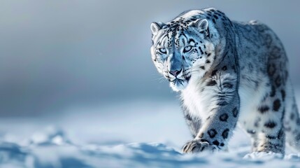 Snow leopard showcasing its exceptional camouflage in the vast snowy expanse of its natural habitat - obrazy, fototapety, plakaty