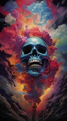 An abstract colorful depiction of a skull exhaling dense