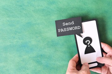 Send password text message smishing scam concept. Hand holding mobile phone with message from...