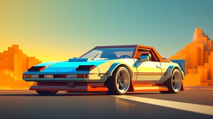 Fototapeta premium Cinematic 3D scene of an 8-bit sports car transitioning into a fully rendered modern sports car
