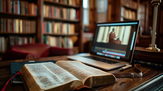 An ultra-high-definition photograph of an open Bible resting on a desk beside a laptop displaying a live stream of a church service