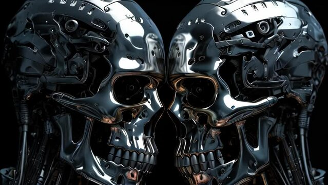 Two metallic shiny iron futuristic hi-tech skulls of cyborg robots looking at each other on a black background