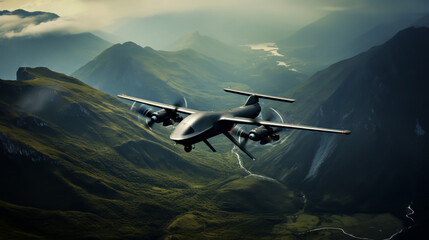 Stealth Aircraft Patrolling Over Misty Mountains at Sunrise - obrazy, fototapety, plakaty