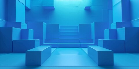 A blue room with a blue wall and blue cubes - stock background.