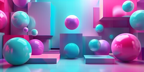 A room full of colorful spheres and cubes - stock background.