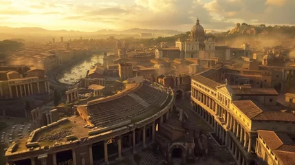 Cercles muraux Vieil immeuble Ancient Rome city in summer, aerial view old historical buildings and sunset sky. Theme of Roman empire, antique, history, travel, italy, skyline,