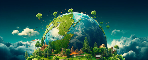 Earth globe illustration on with plants copy space banner ecological earth day hour safe trees mountains environmental problems on blue background - obrazy, fototapety, plakaty