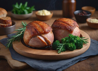 Roasted pork tenderloin, juicy and succulent oven-baked piece of meat rubbed with spices: rosemary, bay leaf, lime juice, and pepper on a plate background, close-up, side view