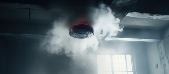 A cloud of smoke is billowing from a smoke detector in the darkness, resembling a dark cumulus cloud in the sky