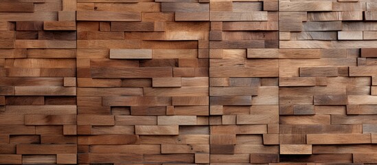 A closeup of a brown hardwood wall made of rectangular wooden blocks. The wood stain gives it a beige hue, showcasing its natural beauty as a building material