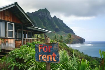 Vacation Paradise in Hawaii: For Rent Sign Against Tropical Beach Backdrop