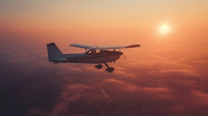 Single engine ultralight plane flying in the blue sky with white clouds. - obrazy, fototapety, plakaty