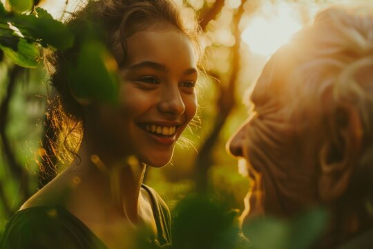 An Enchanting Moment Between A Young Lady And An Older Woman, Sharing A Conversation In Nature