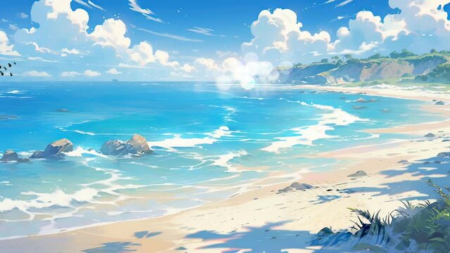 animation footage anime scenery of a beach with a cliff and a blue ocean