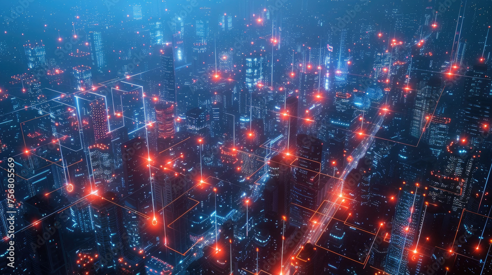 Canvas Prints aerial view of smart city at night, abstract tech background, network digital lines and modern build