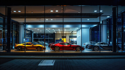 Luxury cars inside dealership at night, view of new vehicles in showroom from street. Theme of...