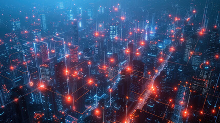 Obraz premium Aerial view of smart city at night, abstract tech background, network digital lines and modern buildings. Theme of connect, iot, cyberpunk, future, energy, technology